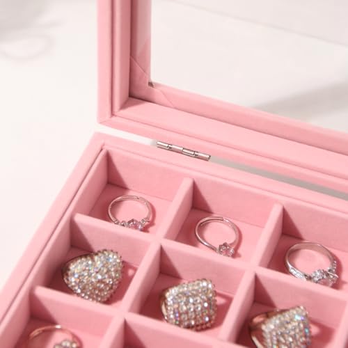 Pengup Travel Jewelry Box,Small Jewelry Case,Rings Earrings Cufflinks Organizer for Girls (Pink, 15 Grids)