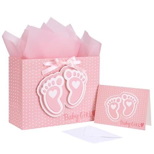 LeZakaa 13" Pink Gift Bags with Tissue Paper, Gift Card, Foot Print & Baby Girl Lettering Design for Baby Shower, Little O...