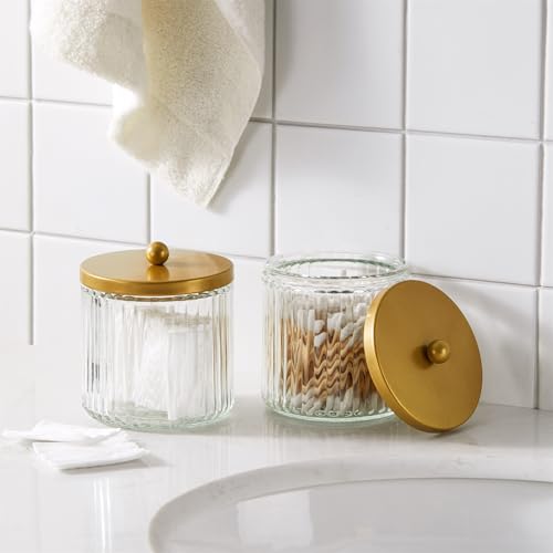 KMwares Matte Golden Yellow Set of 2 Glass Qtip Holder Dispenser Set for Cotton Ball, Swab, Round Pads, Floss Picks - Bath...