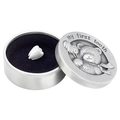 FINGERINSPIRE My First Tooth Keepsake Box Antique Silver Column Bear Keepsake Gift Box with Velvet Inside Tooth Collection...