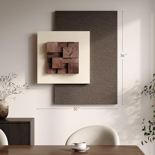 3D Wood Textured Large Neutral Abstract Wall Art, Modern Beige Brown Geometric Paintings Artwork for Walls-Minimalist Wood...