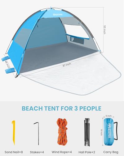 OutdoorMaster Beach Tent Sun Shelter with 2 Ventilated Doors, UPF50+ Easy Setup Beach Tent Canopy for 3 Person, Lightweigh...