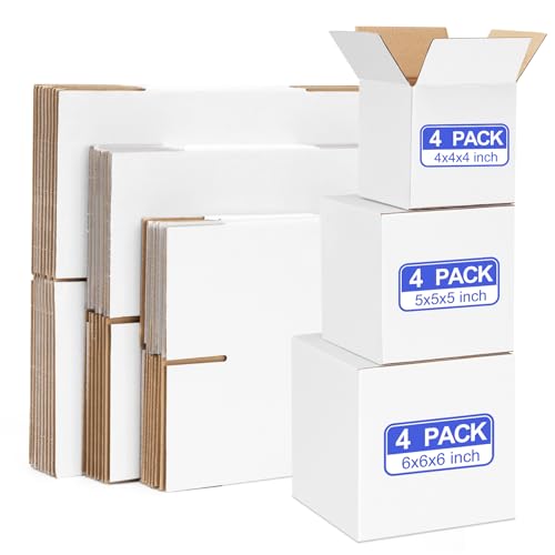 Eupako 12 Pack Small Shipping Boxes Assorted Sizes, 4x4x4 & 5x5x5 & 6x6x6 4 PCS Each Small Boxes, White Corrugated Box Mai...