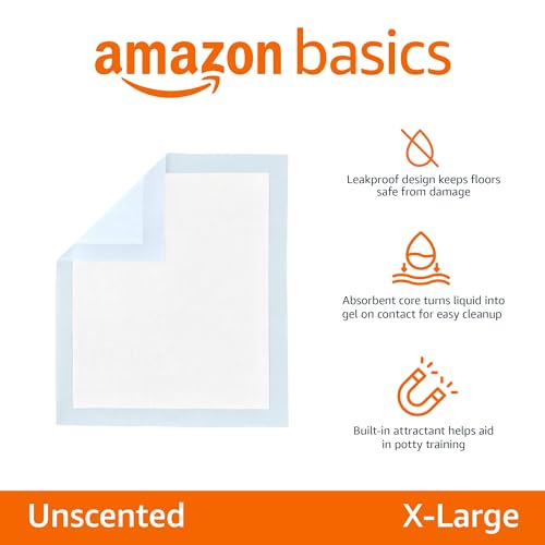Amazon Basics Leak-Proof Dog and Puppy Potty Training Pee Pads with Quick-Dry 5-Layer Design, X-Large Size 28 x 34 Inch, B...