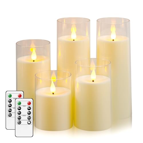 Fo32won Ivory White LED Flameless Pillar Candles Battery Operated with Remote Timer, 5 Pack 3D Flickering Acrylic Candles ...