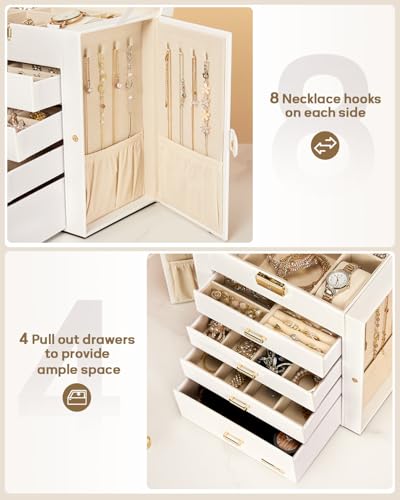Homde Synthetic Leather Huge Jewelry Box Mirrored Watch Organizer Necklace Ring Earring Storage Lockable Gift Case (White...
