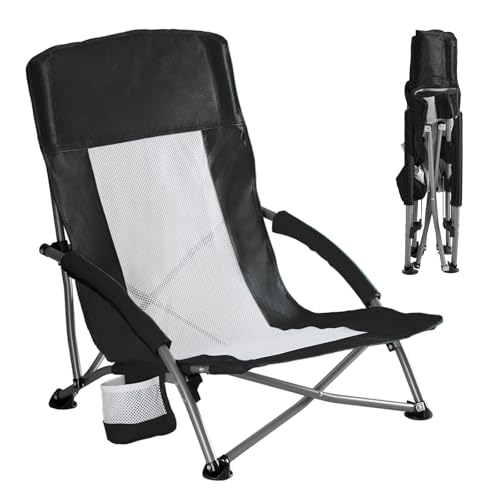 DUMOS Low Beach Chair for Adults, Lightweight Folding Beach Chair with Cup Holder, Storage Bag, Breeze Mesh Back, Padded A...