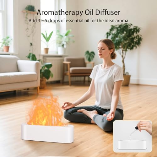 Omnexa Essential Oil Diffuser, 180ml Flame Air Diffuser Humidifier, Ultrasonic Fireplace Aromatherapy Diffuser with 7-Colo...