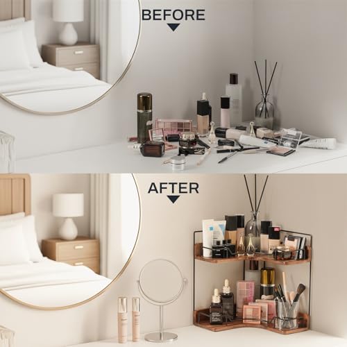 Snuvid 2-Tier Bathroom Counter Organizer, Wooden Corner Shelf for Vanity Countertop Skincare & Makeup, Storage and Organiz...