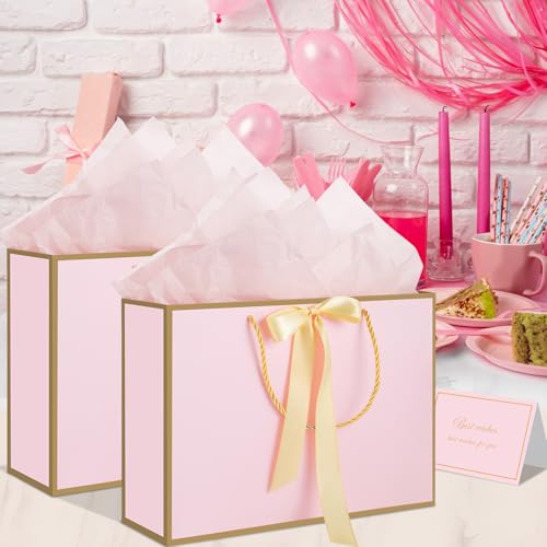 woric Pink Gift Bags with Handles, 14" Medium Gift Bags with Tissue Paper, 2 Pcs Pink Bags with 4 Tissue Paper and 2 Cards...