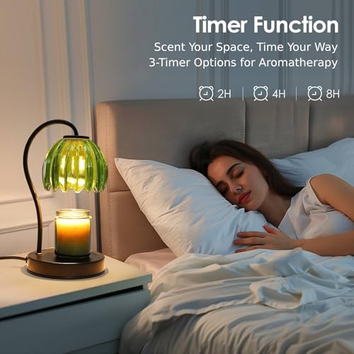 Dimmable Flower Candle Warmer Lamp with Timer, Aromatherapy Candle Lamp for Scented Candles, Modern Green Glass Candle Lam...