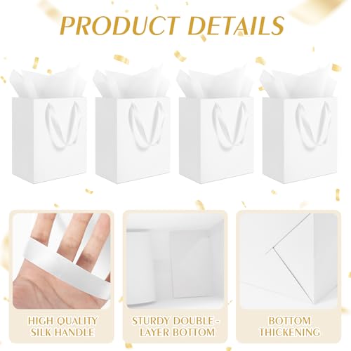 Ethhqu 4 Pack Medium White Gift Bags with Handles, 8x5x10 Inches - Includes 4 Tissue Papers for Birthday Party, Baby Showe...
