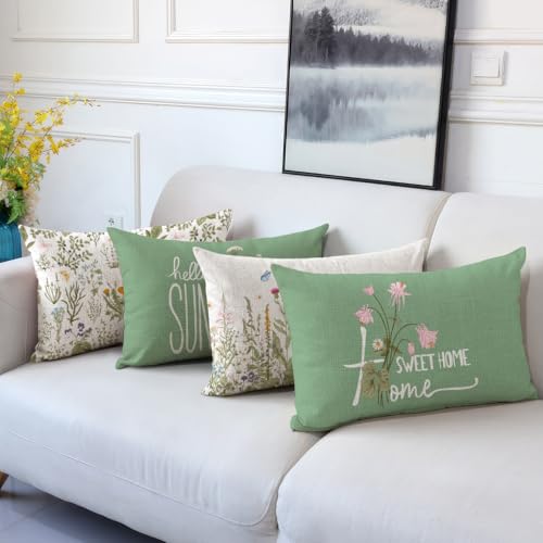 Miuyunya Spring Decorative Throw Pillow Covers Set of 4 Sage Green Couch Pillows Square Linen Wild Flower Plant Cushion Co...