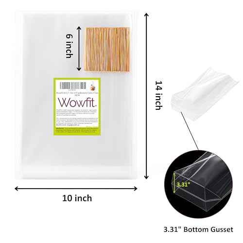 Wowfit 50 CT 10x14 inches Clear Bottom Gusset Cellophane Gift Bags with 6" Gold Twist Ties, Cello Packaging for Party Favo...