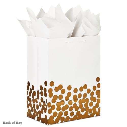 Hallmark 17" Extra Large Gift Bag with Tissue Paper (White with Gold Polka Dots) for Valentine's Day, Weddings, Engagement...