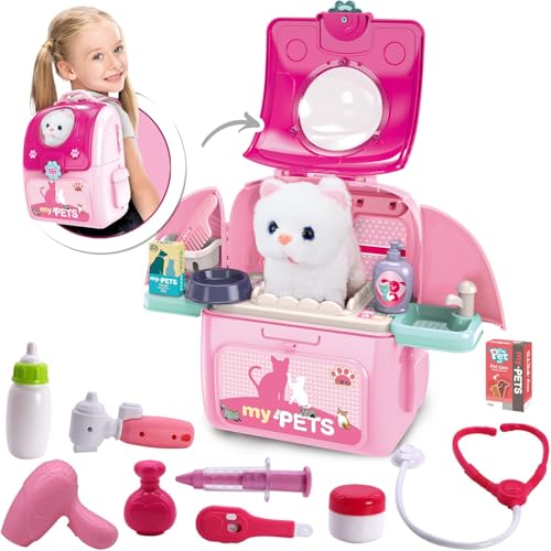 Pet Cat Carrier Backpack Toy, MAGIC4U 23PCS Pet Care Play Set,Vet Clinic and Doctor Kit for Kids, Veterinarian Pretend Pla...