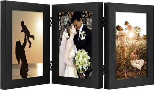 Golden State Art, 5x7 Three Picture Frame Trifold Hinged Photo Frame with 3 Openings, Desk Top Family Picture Collage, wit...