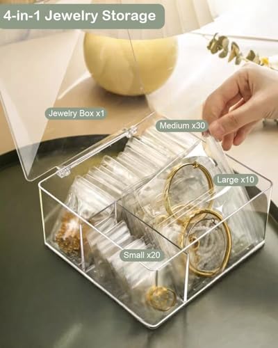 4 In 1 Acrylic Jewelry Organizers and Storage with 60 Portable Anti Tarnish Jewelry Bags, Clear Jewelry Box Organizer, Tra...