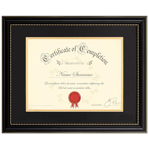 eletecpro 11×14 Diploma Frame for 8.5×11 Degree, Solid Wood with Real Glass, Black & Gold Mat, Wall or Tabletop Display, O...