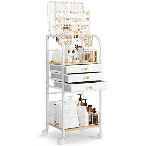 Keebofly Jewelry Organizer Stand with 3 Drawers, Large Necklace Holder & Earring Organizer Rack, Wooden Jewelry Tree Tower...