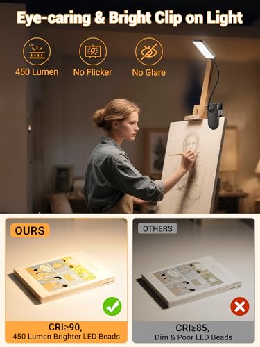 ReinHoo Clip on Light,9 Brightness+5 Color Rechargeable Desk Lamp,4000mAh Battery Operated Lights,450 Lumen 48 LED Desk La...