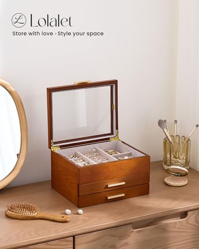 Lolalet Jewelry Box, Clear Window Wood Grain Jewelry Storage for Earrings Bracelets Necklaces Rings, High Capacity Organiz...