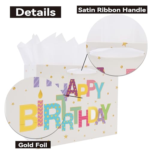 Qirrmiy 13'' Large Happy Birthday Gift Bag Set with Handles, Greeting Card, White Tissue Papers and Stickers for Women Gir...