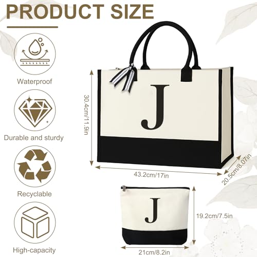 GENGBIN Personalized Canvas Tote Bag for Women Makeup Pouch Initial Beach Bag Removable Bottom Board for Travel Birthday