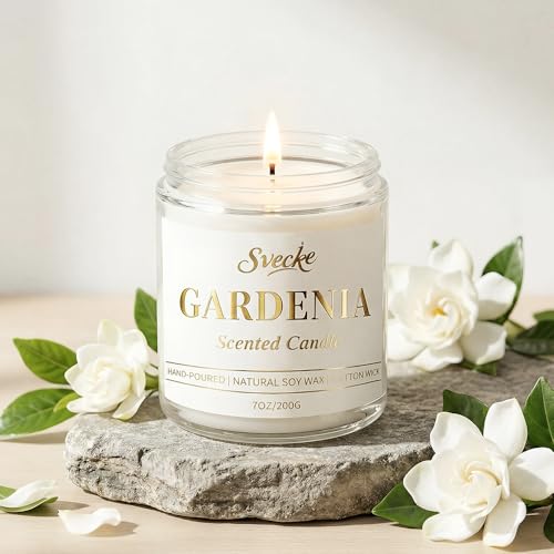 SVECKE Gardenia Scented Candle 7oz Soy Wax Jar Candle Long Burning Aromatherapy Candle for Home Bedroom Gift for Women Men...