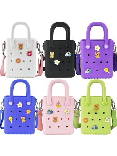 Juyeesm Mini Rubber Beach Bag with Strap & Charms, Waterproof EVA Beach Bag for Girls, Small Rubber Tote Bag for Women