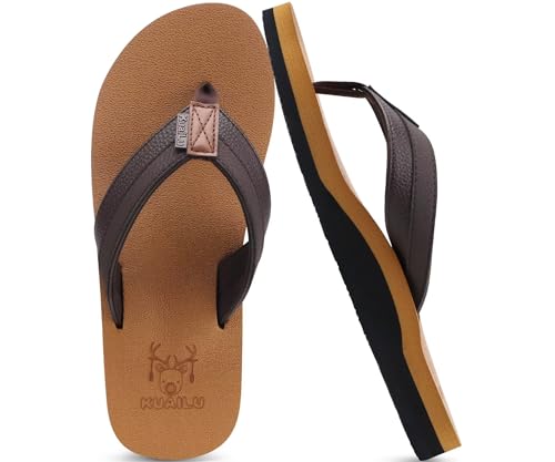 KuaiLu Men's Yoga Mat Leather Flip Flops with Arch Support Comfortable Cushion Walking Thong Sandals Slip On Indoor Outdoor