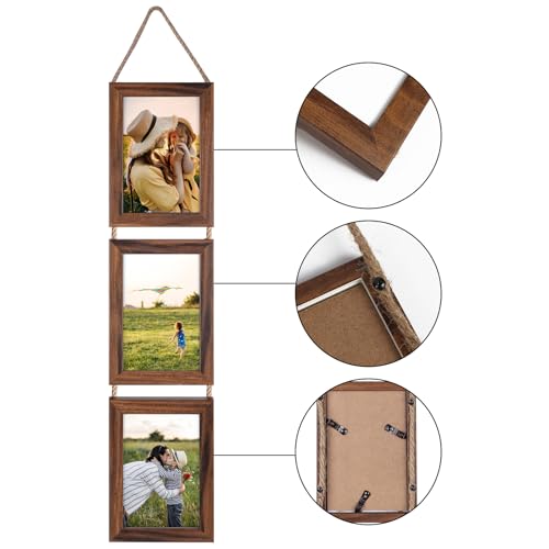 Lavezee 4x6 Collage Triple Picture Frames Set, Walnut Brown 6 Opening Hanging Vertical Frame Made to Display 4 by 6 Inch P...