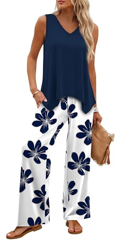 WIHOLL Two Piece Sets for Women Dressy Lounge Sets Summer Outfits Cruise Travel Beach Vacation Casual Wide Leg Pants Set