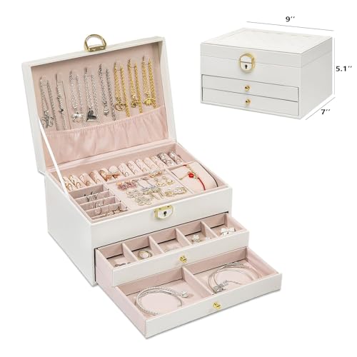 GUOER Jewelry Box for Women Girl Wife 3 Layers Large PU Leather Jewelry Organizer Storage Case with Two drawers Display fo...