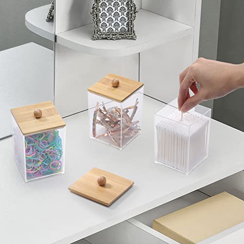 Tbestmax 3 Pack Square Qtip Holder - 12 oz Bathroom Organizers and Storage Containers, Plastic Apothecary Jars with Bamboo...