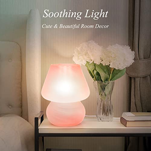 ONEWISH Mushroom Lamp Cute Table Lamp for Bedroom Nightstand Soft Light Pink, Small Glass Nightlight Stepless Dimmable Des...