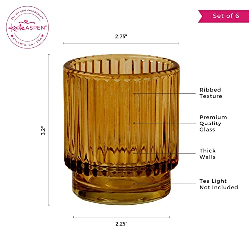 Kate Aspen Vintage Glass Tealight & Amber Votive Candle Holders (Set of 6) Rustic Fluted Candle Holder Set, Boho Home Deco...