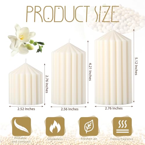 Conelist Set of 3 White Ribbed Pillar Candles Soy Wax Scented Ribbed Candles Includes 2.8, 4.2 and 5.1 Inches Heights Deco...