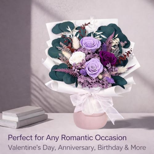 Bonsion Preserved Flowers for Delivery, Purple Rose Bouquet Gift for Women and Mom, Long Lasting Floral Arrangement for Bi...