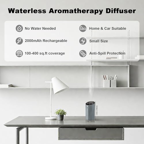 Waterless Essential Oil Diffuser for Home Car Office, Scent Diffuser with 4 Timer (1/3/6H & Off) & 3 Mist(L/M/H), Recharge...