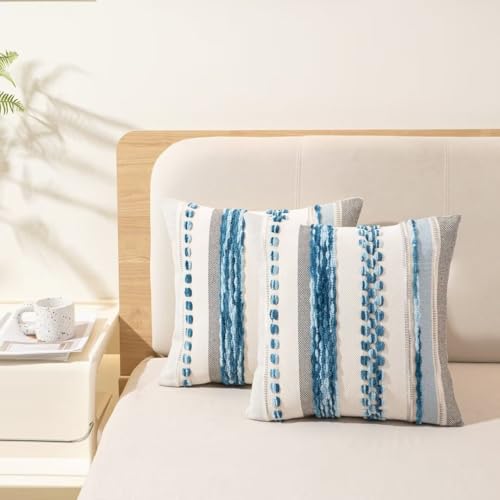 WANLIRD Boho Throw Pillow Covers 18x18 Set of 2 Farmhouse Decorative Cushion Case Striped Square Pillows Cover Chenille Pi...