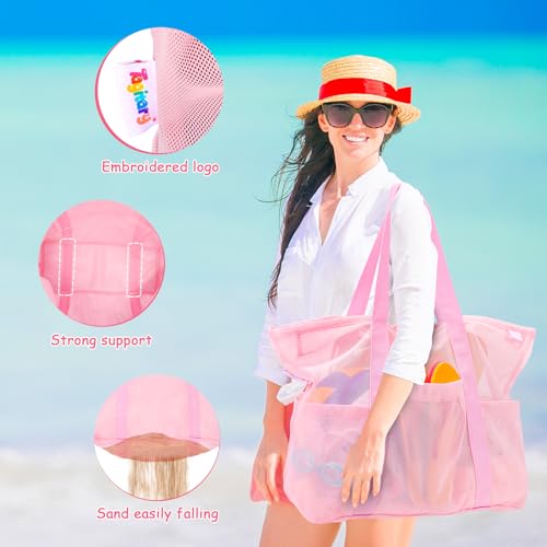 Tagitary Mesh Beach Bag with Zipper Large Beach Tote Waterproof Sandproof with 8 Pockets for Toys Pool Bag Beach Accessories