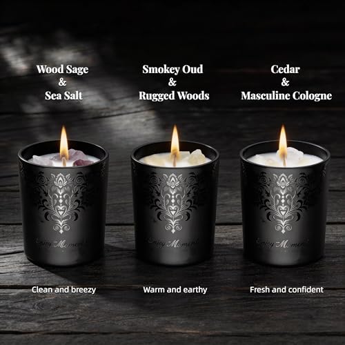 Luxury Black Crystal Candle Gift Set for Men – 3 Pack 7oz Soy & Beeswax Candles with Real Natural Crystals, Zinc Alloy Lid...