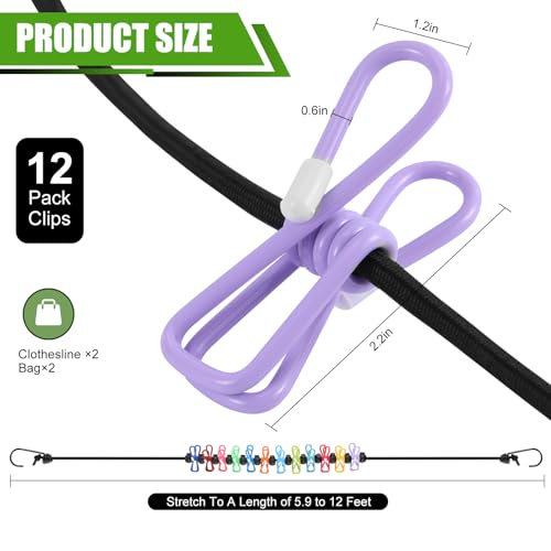 2 Pack Camping Clothesline Portable 12 Clothespins, Camping Accessories Travel Clothesline for Outdoor Indoor, Retractable...