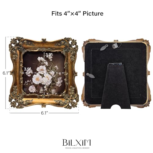 BILXIM 4x4 Small Vintage Picture Frame, Antique Bronze Gold Ornate Square Photo Frame, Wall Hanging or Tabletop Display, D...