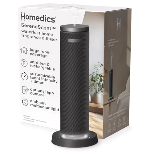 Homedics SereneScent Waterless Essential Oil Diffuser, Cordless Rechargeable Aromatherapy Diffuser for Home, Large Room Sc...