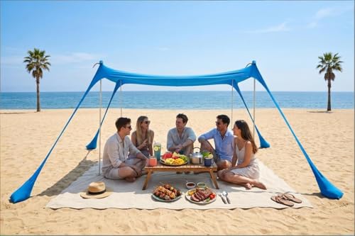 UPF50+ Beach Tent Canopy – 10x10 FT Pop-Up Sun Shelter with 4 Sturdy Poles & Sandbag Anchor for Wind Resistance, Easy Setu...