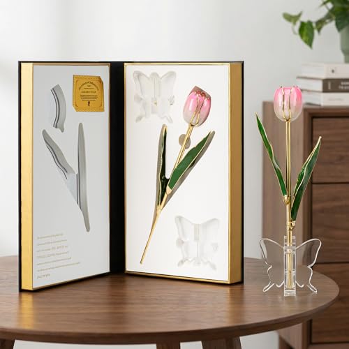 Mikasol Gold Dipped Real Tulip – Dreamy Gradient Pink, Romantic Forever Flower Gift with Book-Style Box & Butterfly Stand,...