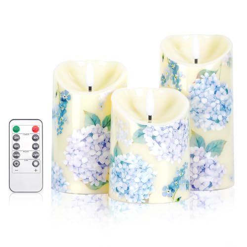 Ouvibor 3 Pcs Hydrangea Flameless Candles Wedding Table Centerpiece Chinoiserie Candles Hydrangea Floral Printed Faux Cand...
