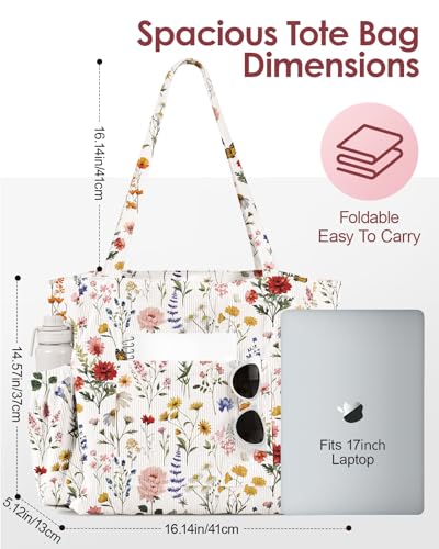 Miss Adola Large Corduroy Tote Bag for Women - Cute Shoulder Reusable Canvas Bags with Zipper Multi-Pocket for School